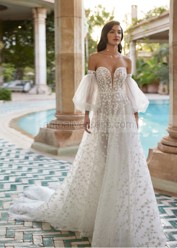 Strapless Ivory Lace Tulle Wedding Dress With Puffy Sleeves